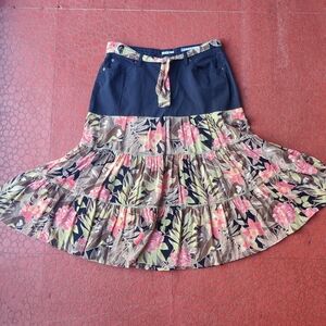 OOAK Upcycled Denim Floral Jean Skirt 14 Flowy Boho Hippie Swing Festival Artsy